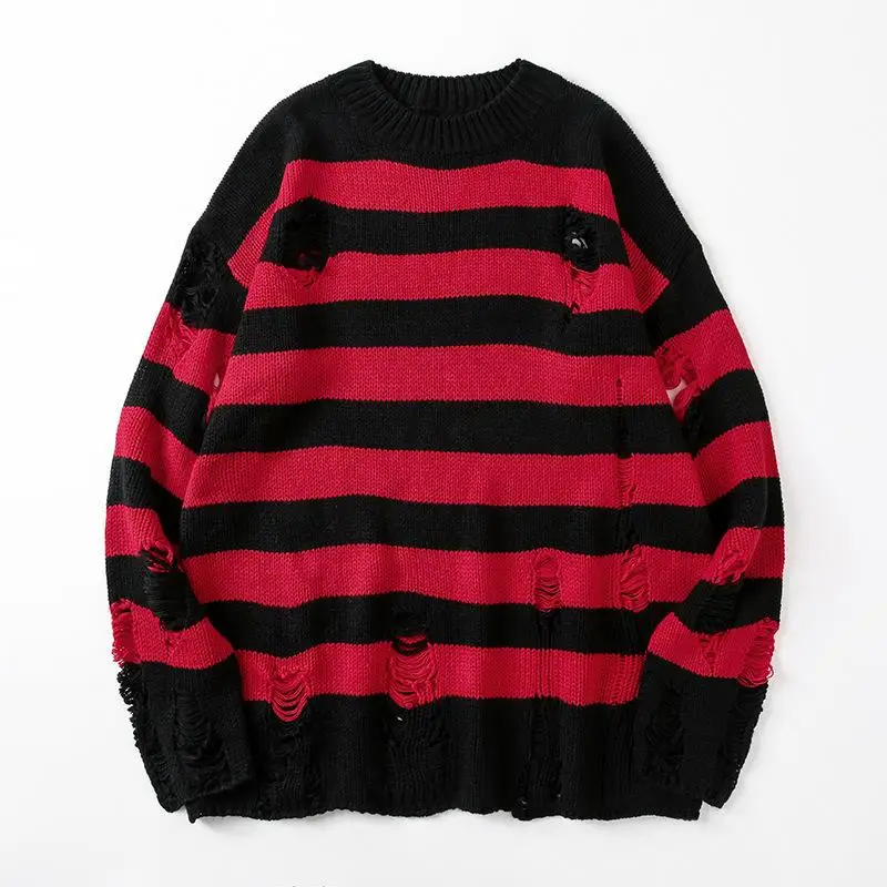 Black Stripe Sweaters Destroyed Ripped Sweater Men