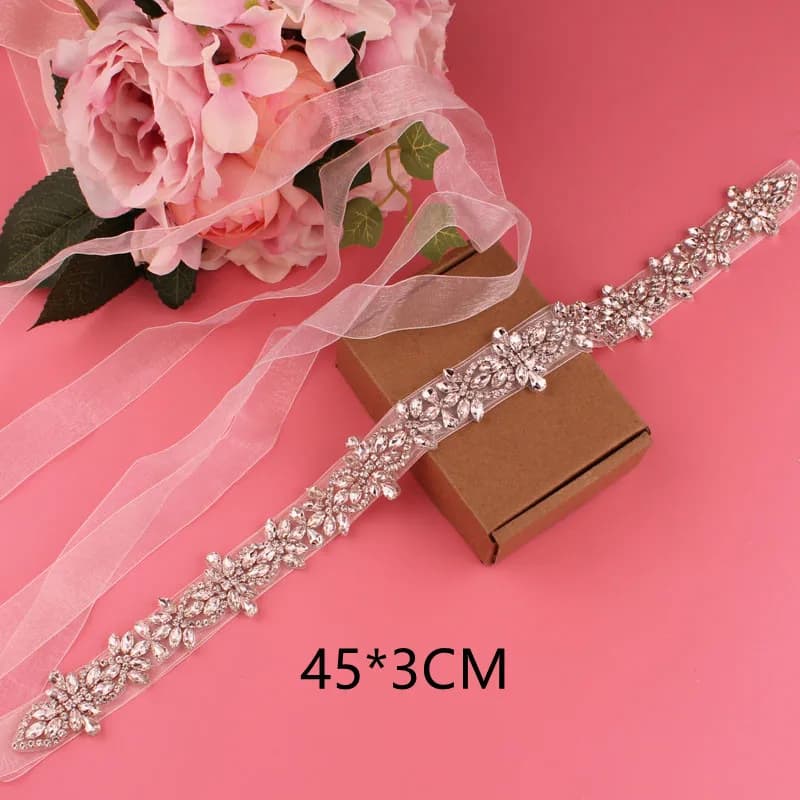 Crystal bridal belt with ribbons, handmade silver