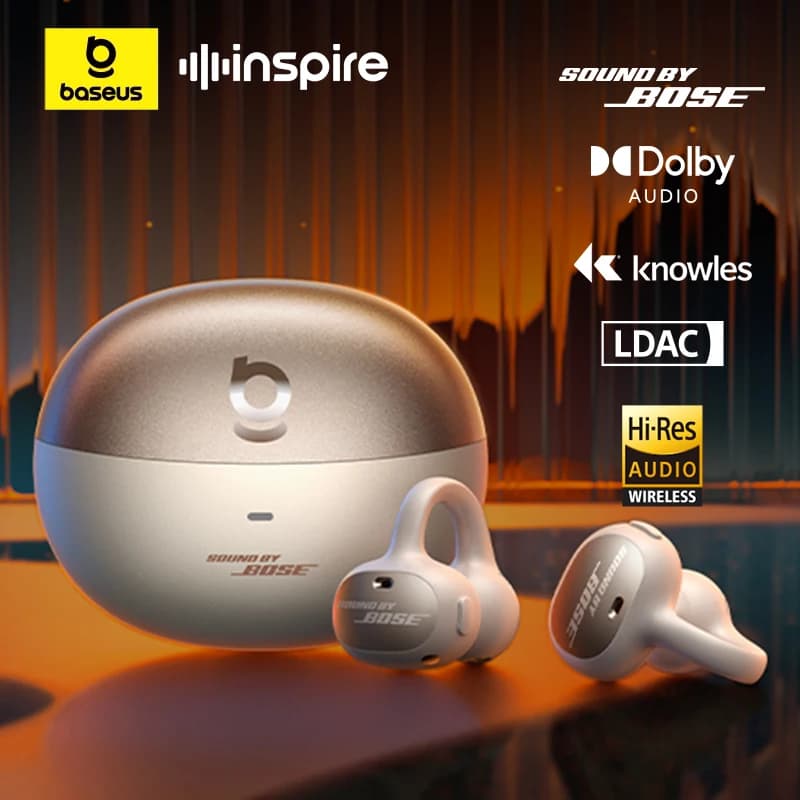 Baseus Inspire XC1 Ear Clip Wireless Earbuds Bluetooth 6.1 Hi-Res Open Earphones earrings 4-Mics Clip on ear buds Sound by Bose