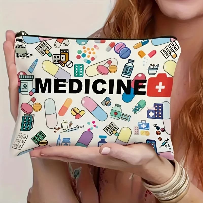 Medicine-Themed Cosmetic Travel Bag - Foldable Zippered Makeup Organizer, Gift for Healthcare Professionals, Cosmetic Bag
