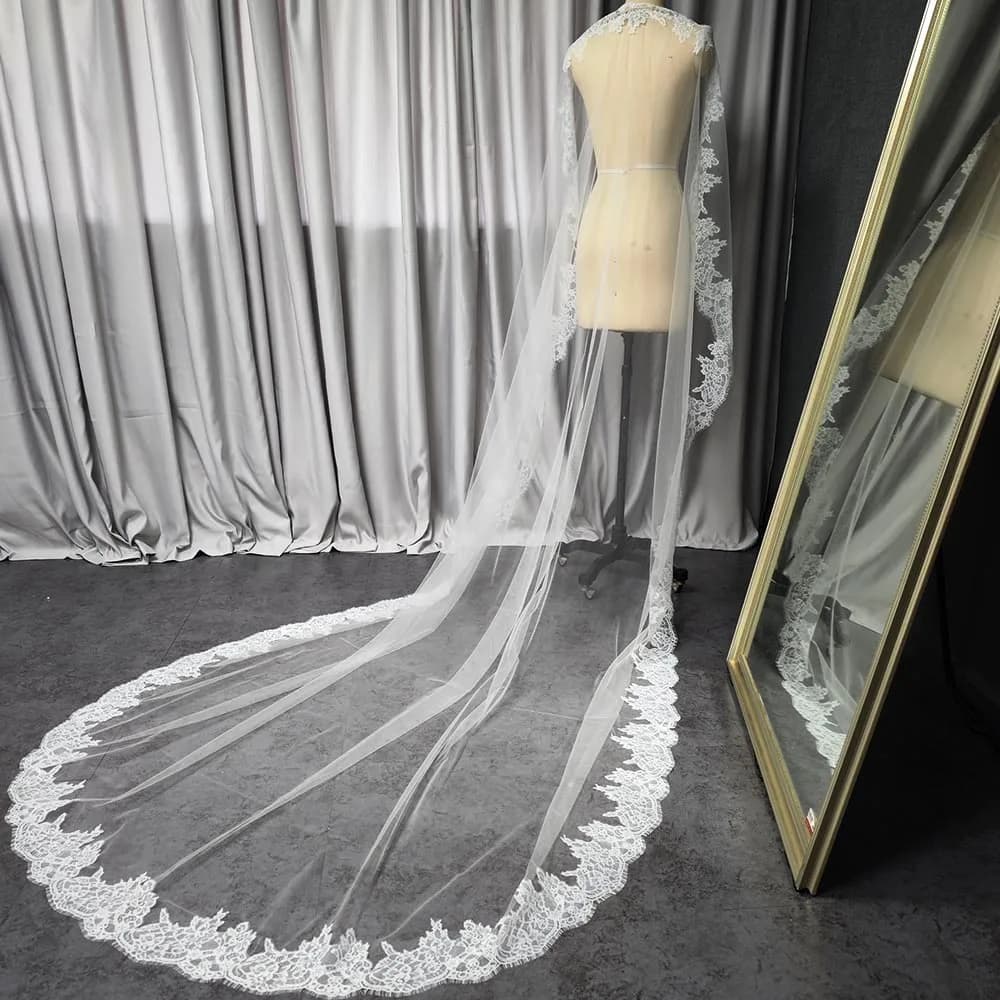 Customized Romantic Eyelash Lace Mantilla Wedding Veil with Hidden Comb 3M Long 1.5M Wide Ivory Bridal Veil Single Tier Veil