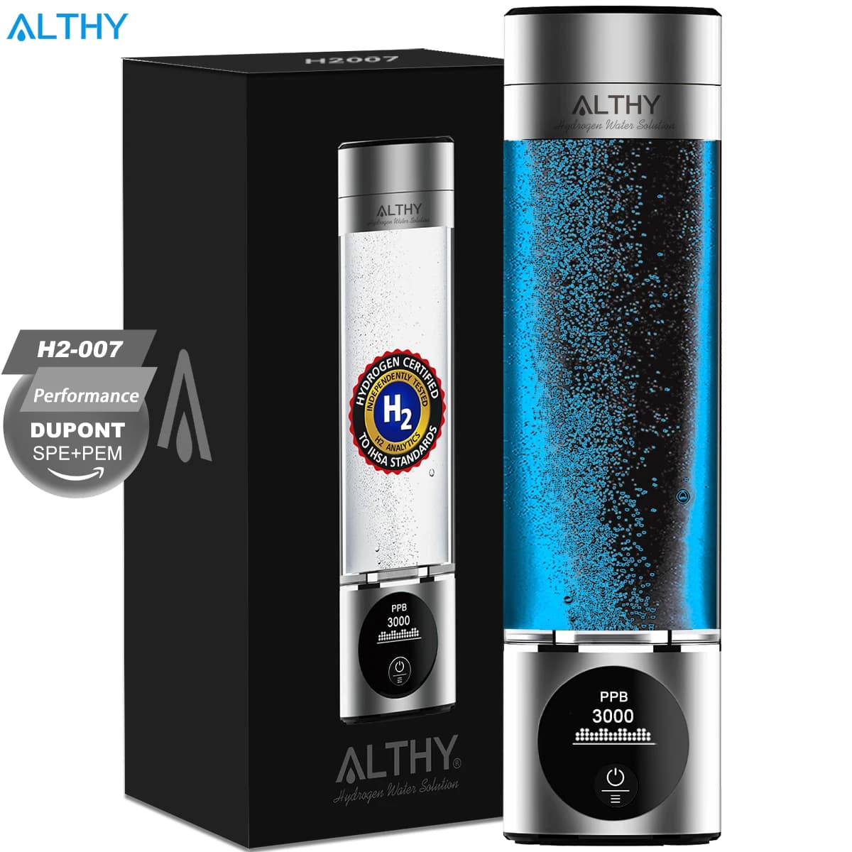 ALTHY Performance Hydrogen Water Generator Bottle DuPont SPE+PEM Dual Chamber + PPB&Time&Battery Display + H2 Inhalation Device