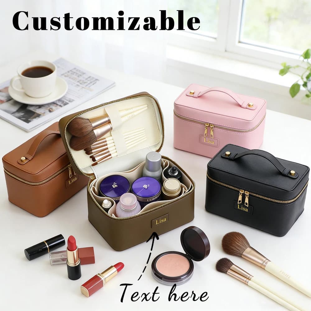 Customized name pu leather cosmetic bag with zoned storage and large capacity toiletry bag for autumn and winter new products