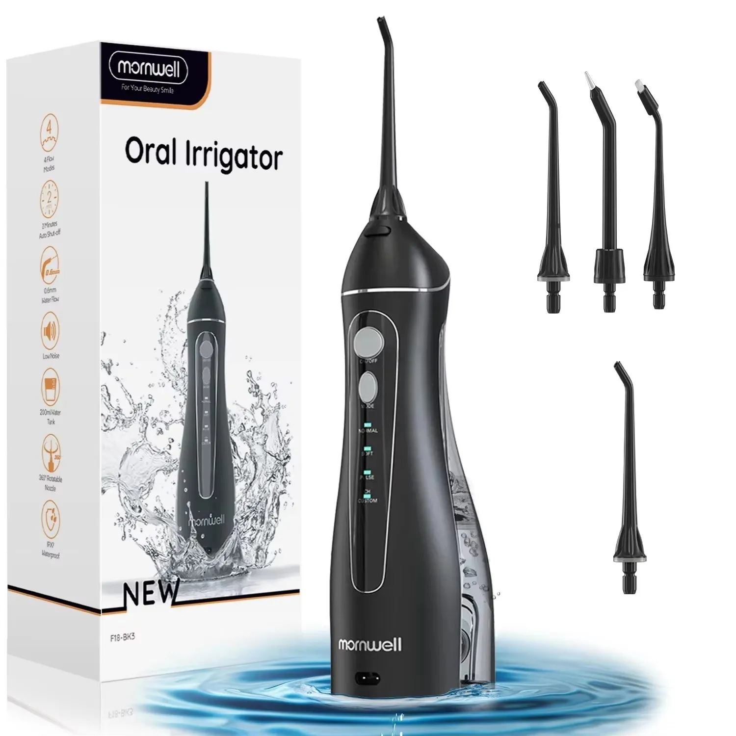 Portable F18 Water Flosser 4 Modes Water Floss USB Rechargeable 4 Nozzles Oral Water Jet 200ml Water Tank Waterproof