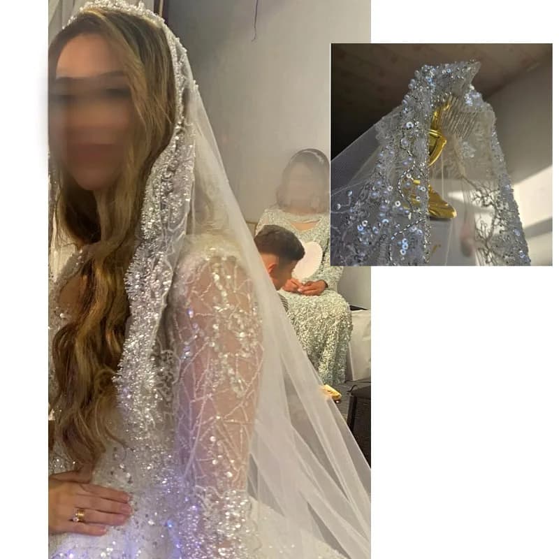 Full crystal pearl lace veil bridal cathedral luxury new wedding accessories white veil With metal hair comb  custom made veil