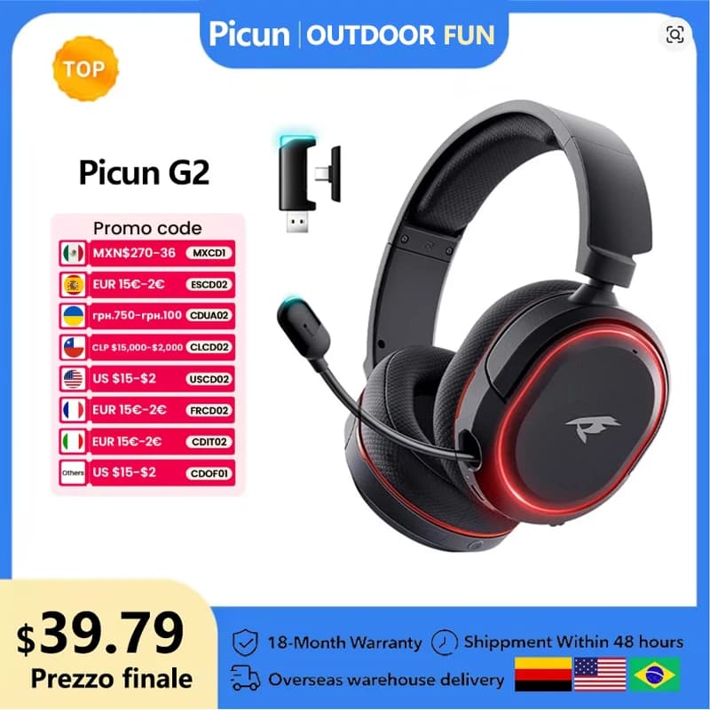 Picun G2 2.4G Wireless Gaming Headset Bluetooth Headphones 5ms Low Latency 7.1 Surround ENC Mic For PC PS4 PS5 Phone Switch