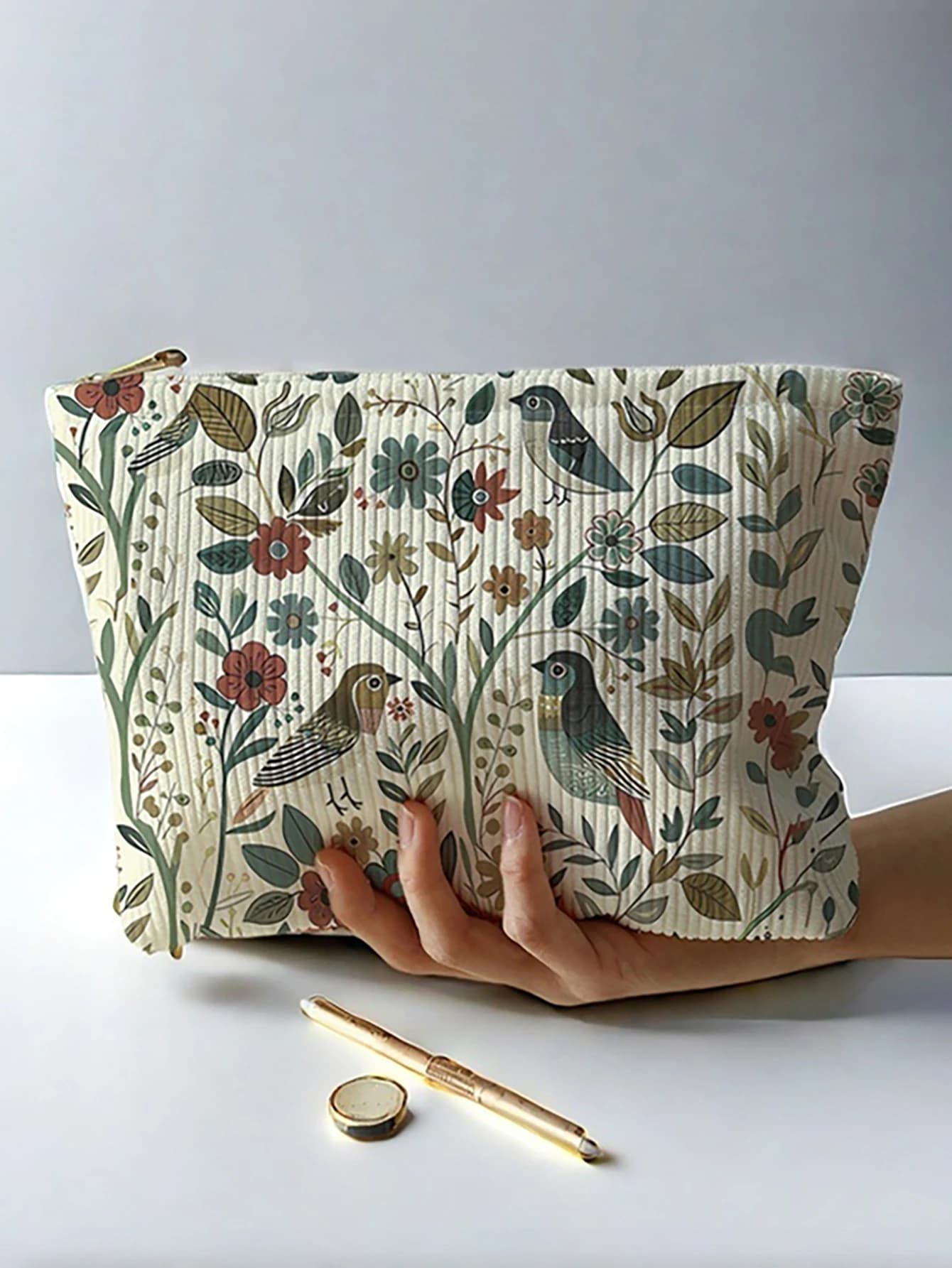 1pc，Branch bird pattern corduroy zipper makeup bag