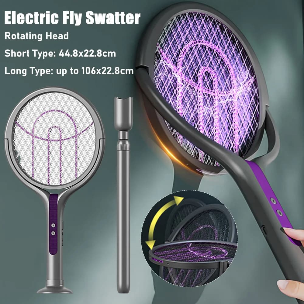 NEW USB Electric Fly Swatter Extendable Mosquito Swatter with Rotating Head 2 in 1 Mosquito Trap Light for Camping Home Garden
