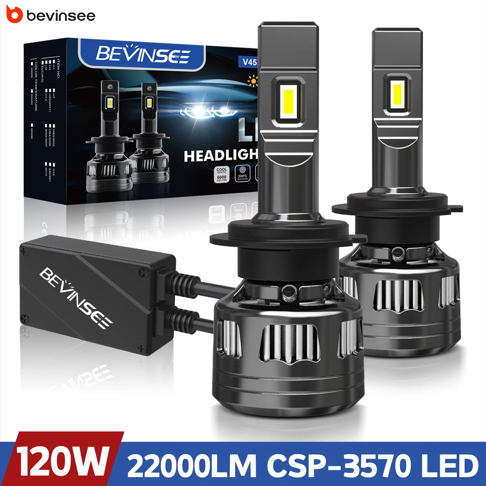 BEVINSEE V45 H7 LED CANBUS H4 H11 H1 120W 22000LM High Power Bulbs 9005 HB3 9006 HB4 H8 H9 9012 LED Headlights for Car LED 12V