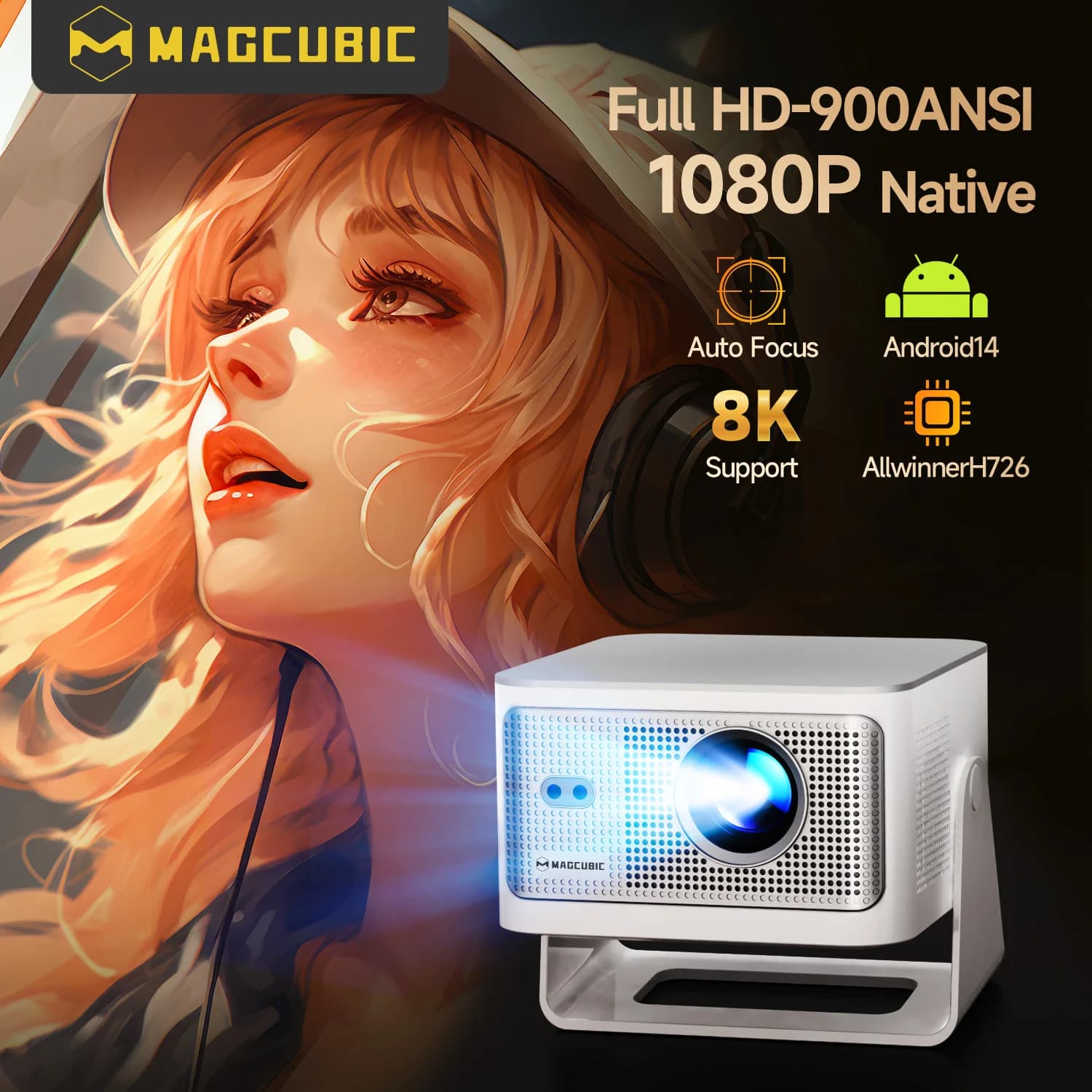Magcubic Auto Focus Android14 4K Projector 900ANSI 8K Native 1080P HY350Max With Wifi6 BT5.4 16G Allwinner H726 Portable Outdoor