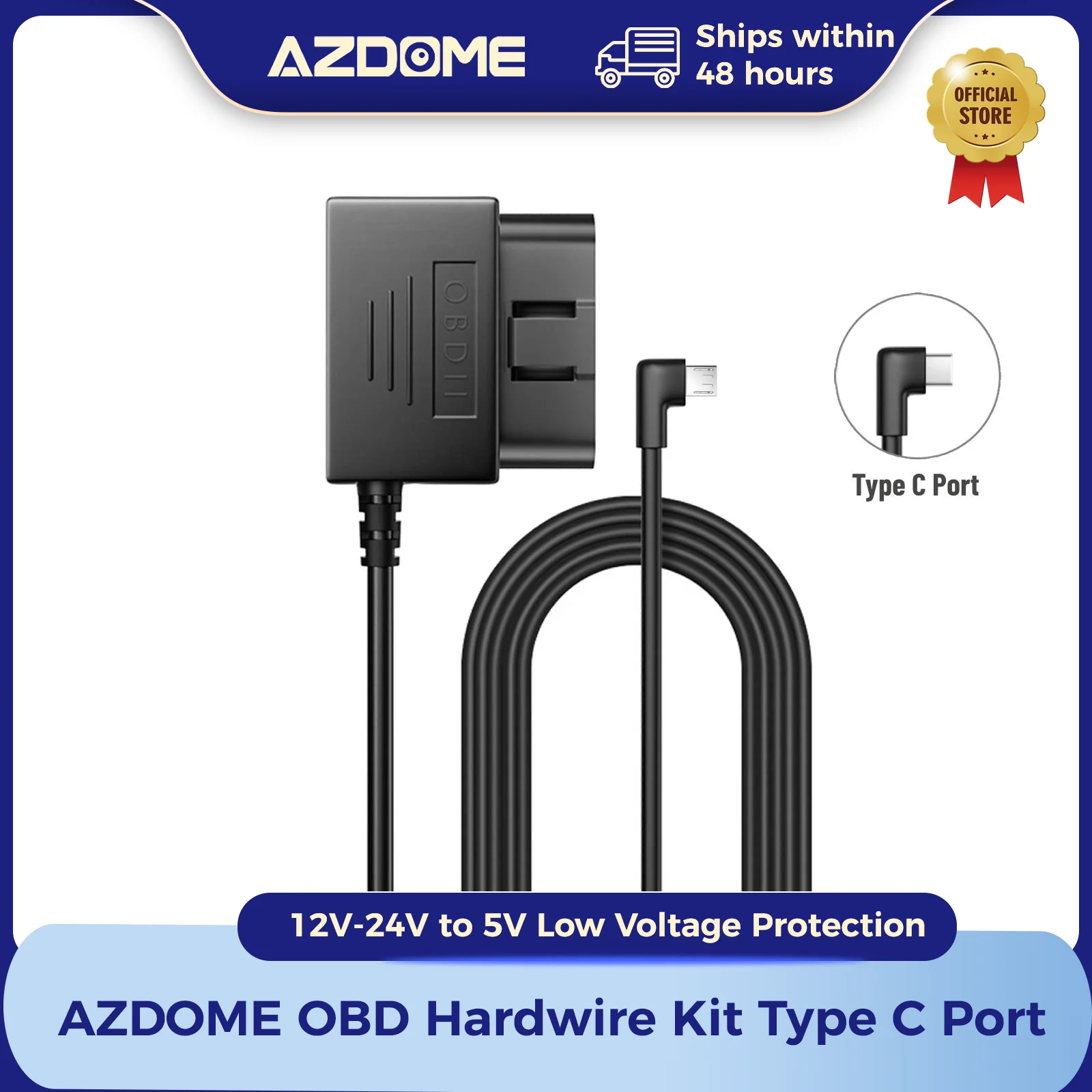 AZDOME Hardwire Kit OBD for Dash Cam with Type C Port Support Parking Mode 12V-24V to 5V Power Cable Low Voltage Protection