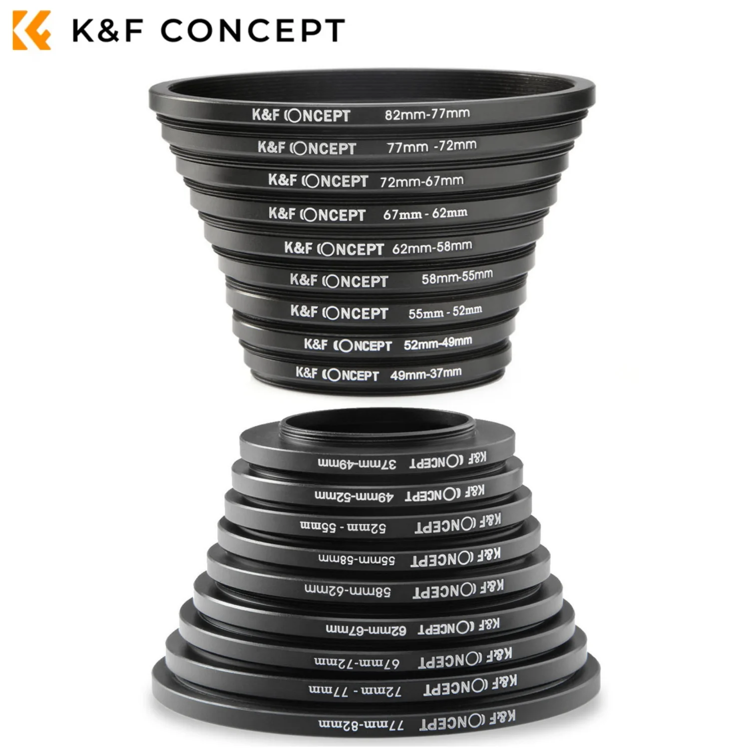 K&F CONCEPT 18 in 1 Filter Adapter Ring Set Camera Lens Step Up/Down Adapter Ring for Canon Nikon Sony DSLR Lens 37-82mm 82-37mm