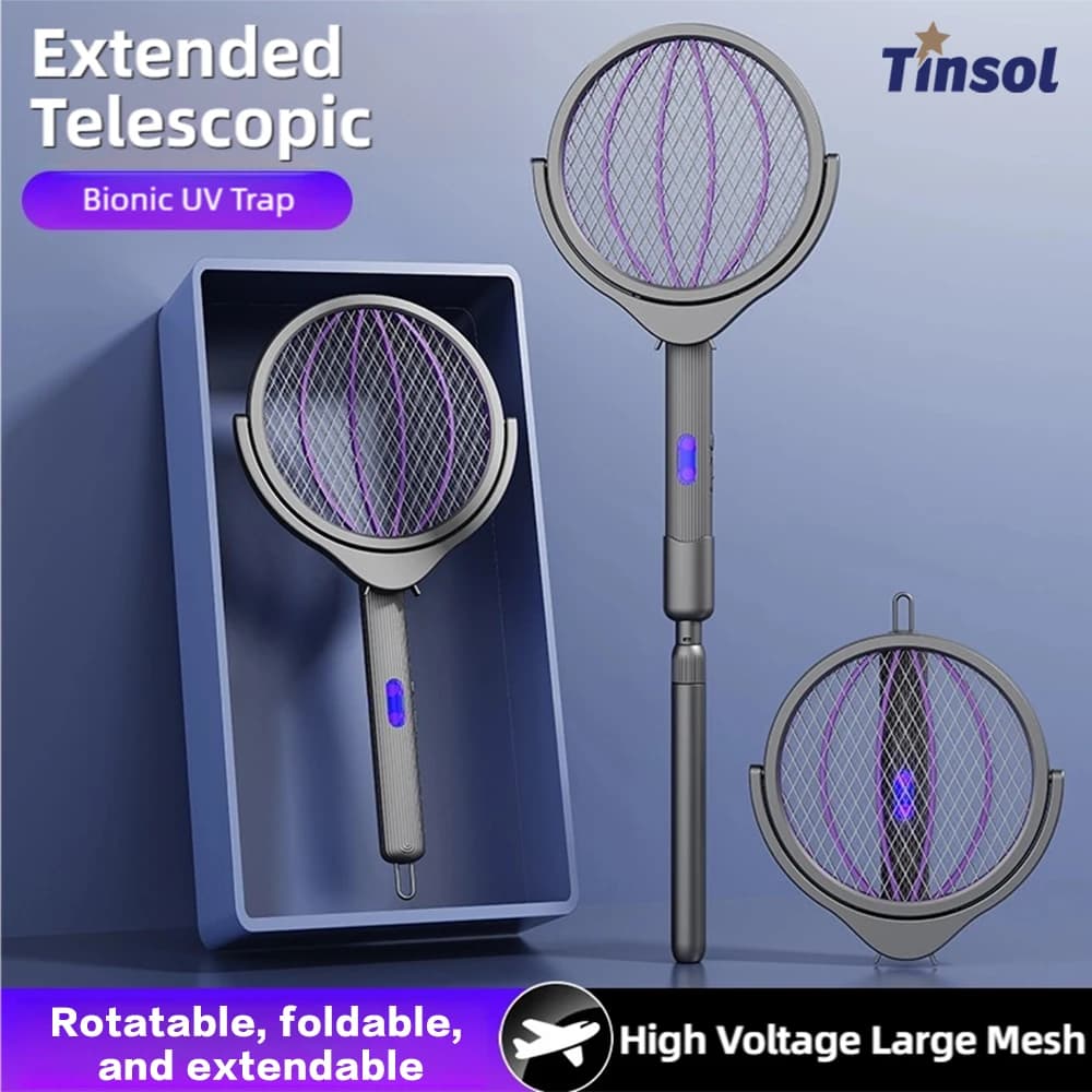 TINSOL Retractable Electric Mosquito Racket Rotating Head Insect Killer 2-in-1 Indoor/Outdoor Household Mosquito Eliminator