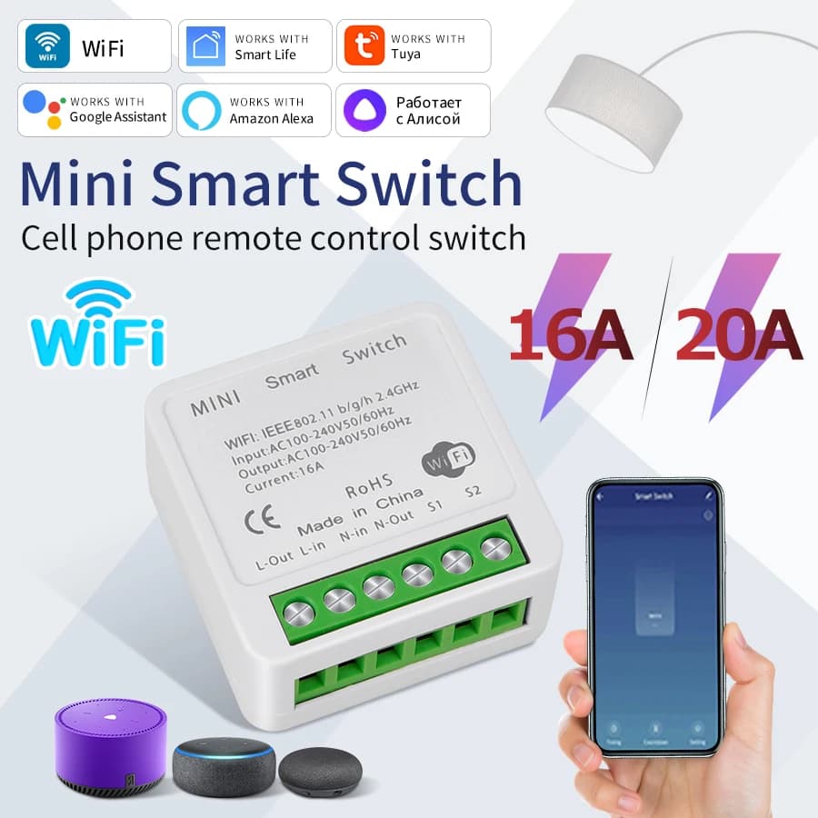 16A 20A Tuya WiFi Smart Switch 2-way Control Mini Smart Breaker Work With Smart Life Alexa Google Home Alice