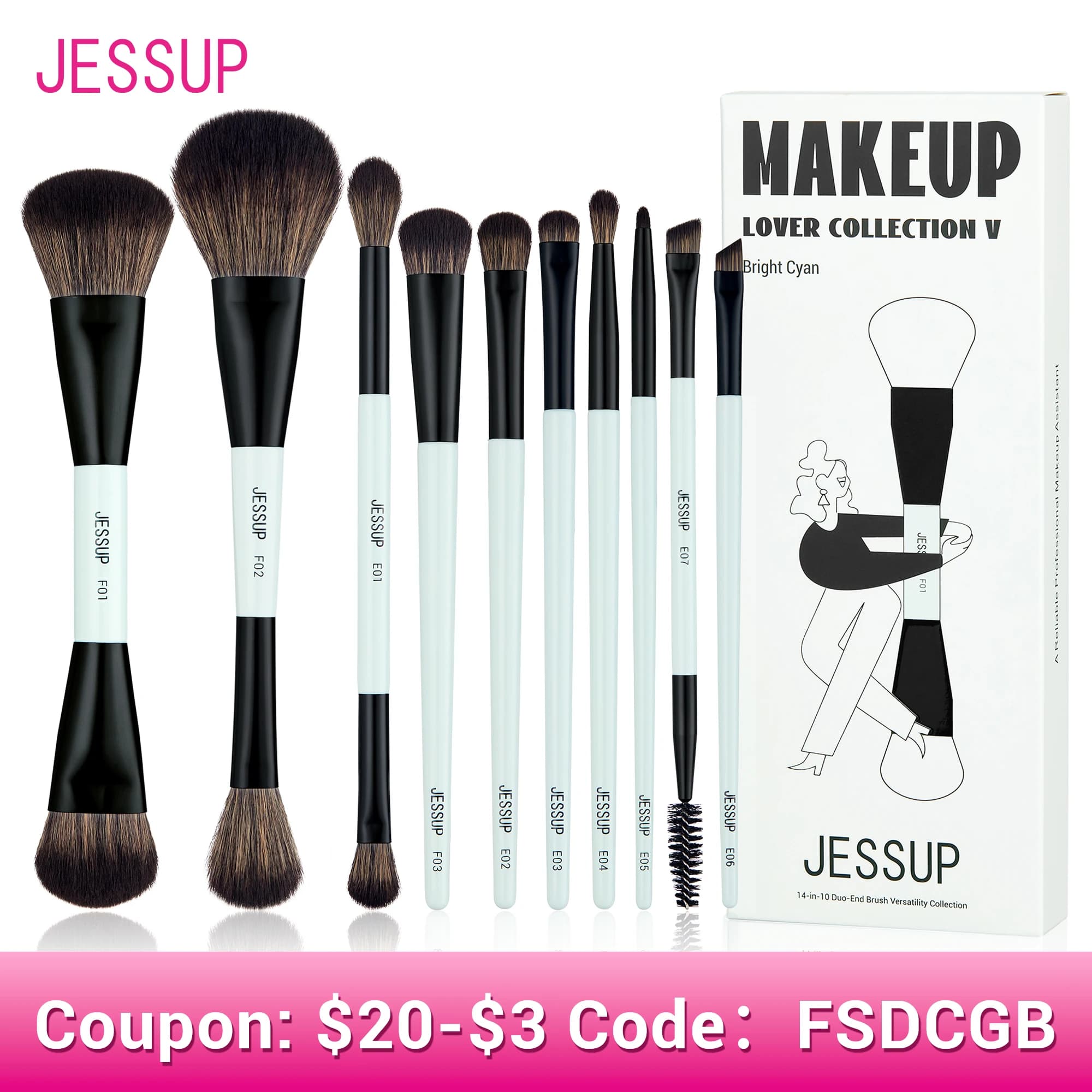 Jessup Makeup Brushes Set 2/3/6/10PCS,Double Sided Foundation Contour Brush Blush Blending Eyeshadow Concealer Cruelty Free T500