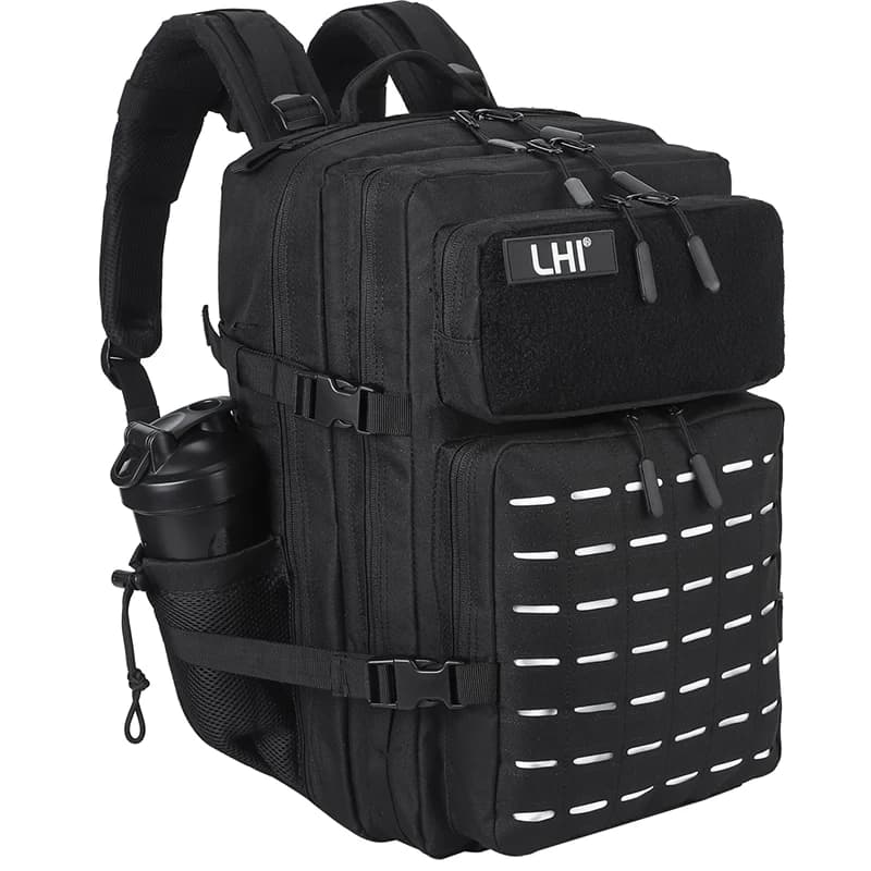 LHI 45L Tactical Backpack Men Black Spotrs Athlete Gym Bag Outdoor Camping Hiking Rucksack Army Assault Pack with Bottle Holder