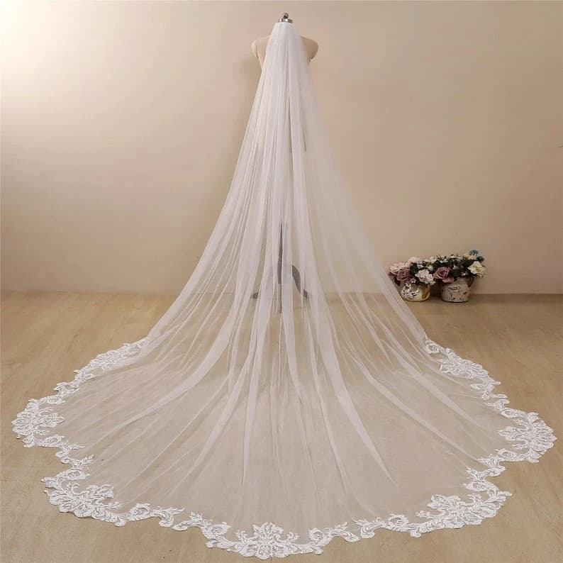 Elegant white Ivory cathedral wedding veil wave sh