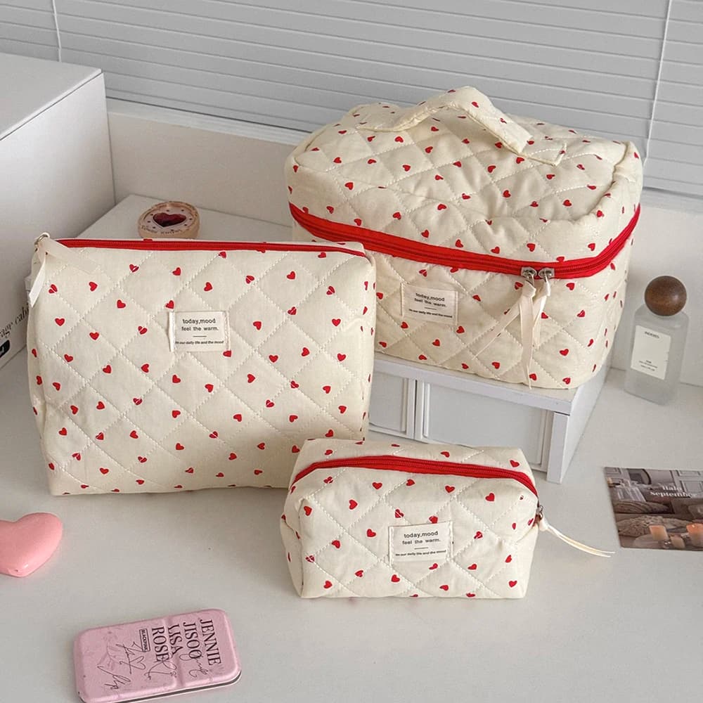 Fashion Ins Heart Women Quilting Makeup Bag Large Capacity Toiletry Cosmetic Storage Pouch Handbag Ladies Zipper Makeup Bag