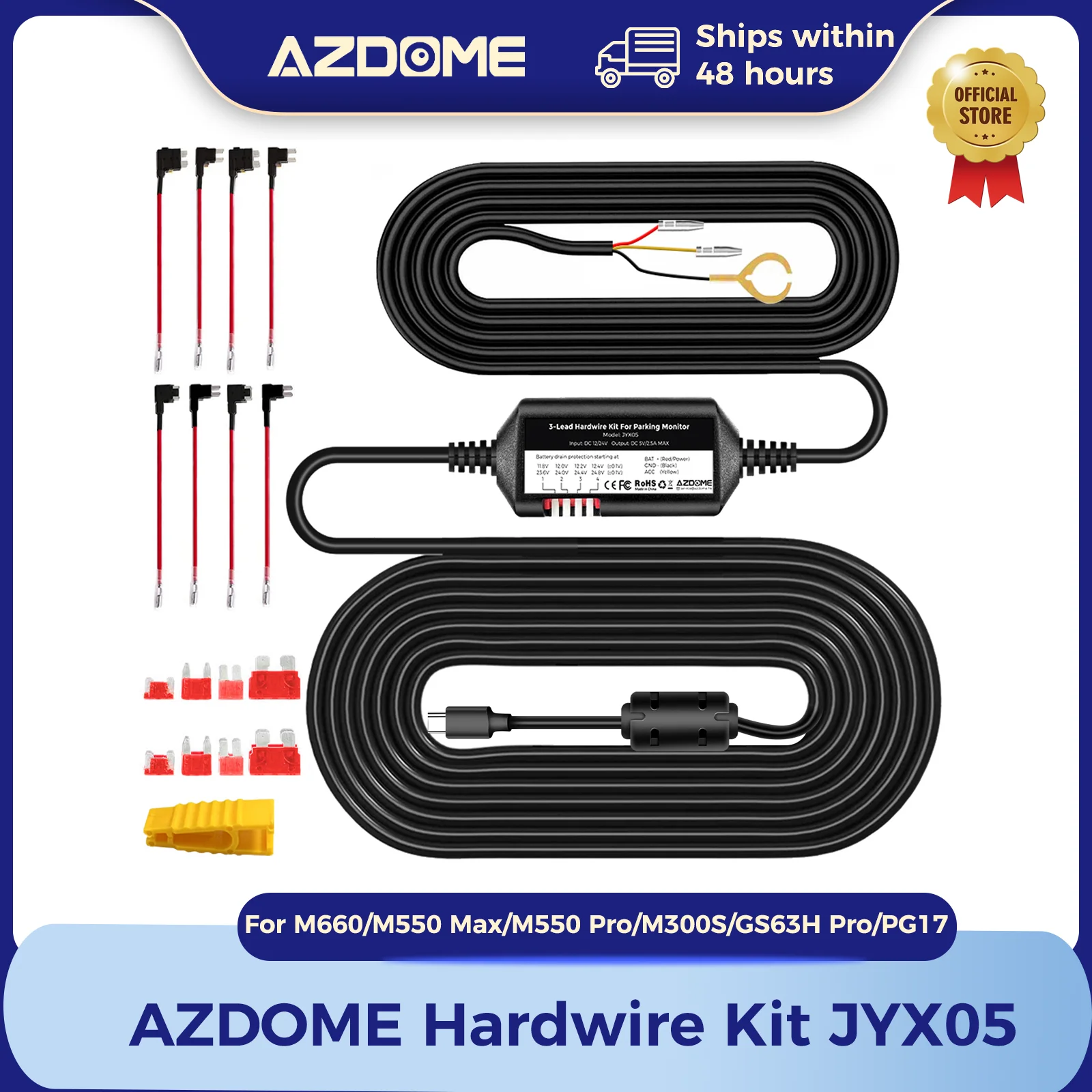 AZDOME JYX05 Car DVR Record Hardwire Kit For M660/M550 Max/M300S/GS63H Pro Low Vol Protection Type-C Port 12V-24V in 5V 2.5A out