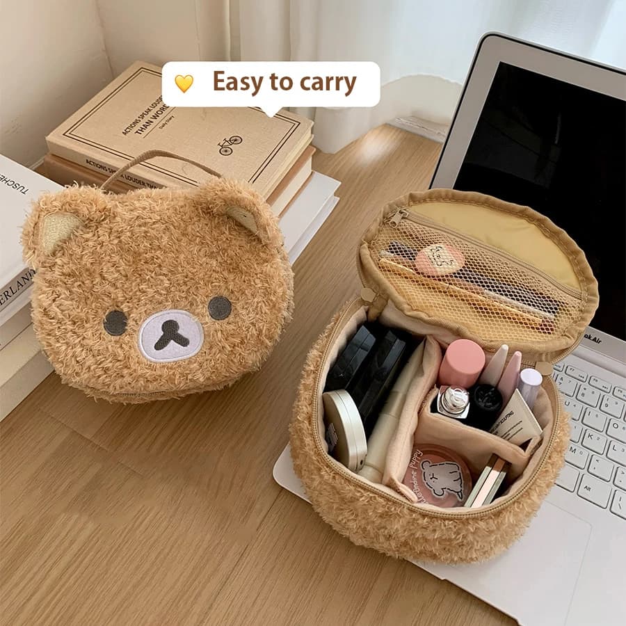 Hot Sales Gift: Anime Relaxed Bear Plush Cosmetic Bag - Women Girl Jewelry Organizer Pouch Makeup Storage Handbag