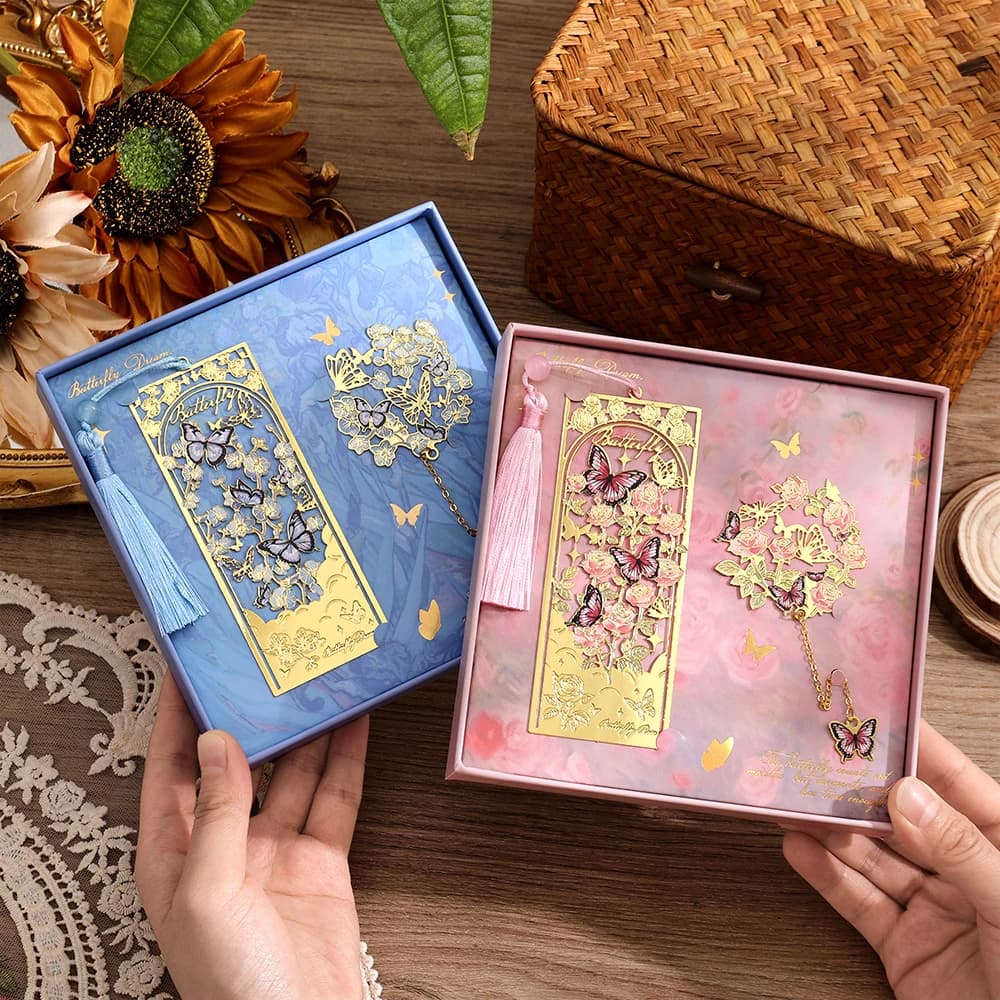 2 Pcs Butterfly Bookmarks With Metal Chain Vintage Golden Hollow Design For Book Lovers Reading Accessories Stationery Supplies