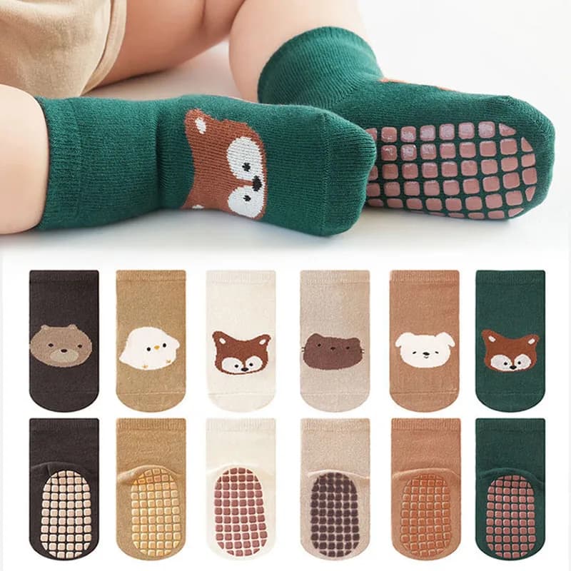 6 Pairs Kids Non-Slip Socks Cute Cartoon Fox and B