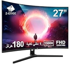شاشة ألعاب منحنية Z-EDGE ليد بدون إطار، 27 بوصة بانحناء 1500R، دقة FHD 1080P، معدل تحديث 180 هرتز، لوحة VA، زمن استجابة 1 م…