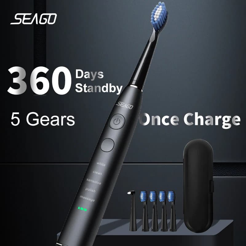Seago Electric Toothbrush USB Rechargeable Adult 360 Days Long Battery Life IPX7 4 Replacement Heads Travel Box SG-575