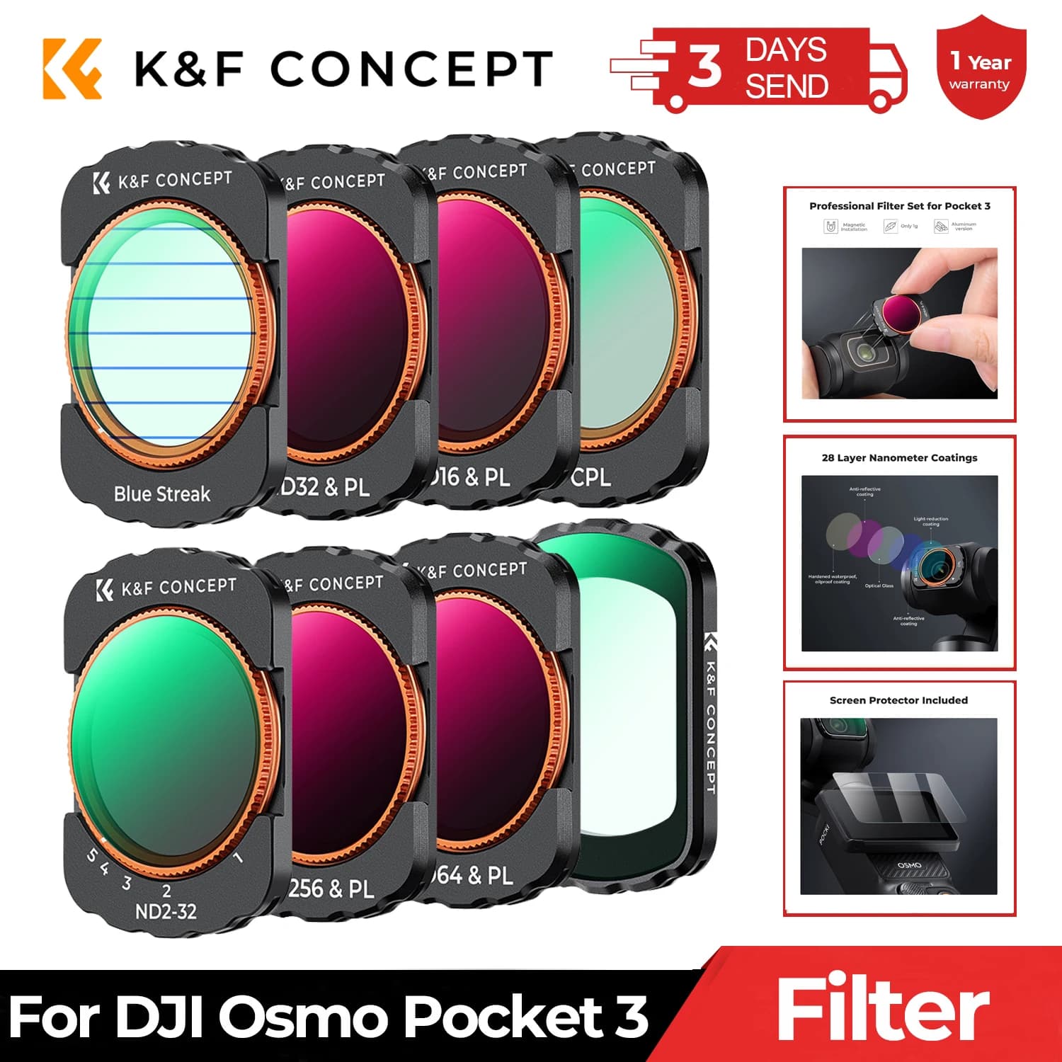 K&F CONCEPT Sports Camera Filters for DJI Osmo Pocket 3 UV CPL ND/PL Black Diffusion 1/2 1/8 Adjustable 2 in 1 Optional Filters