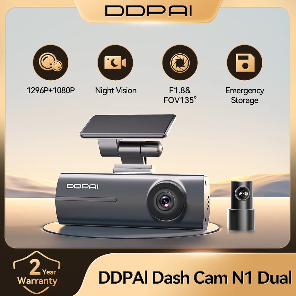 DDPAI Dash Cam N1 Dual Front & Rear Recording NightVIS 1296P Dash Cam Recorder Car DVR App Control