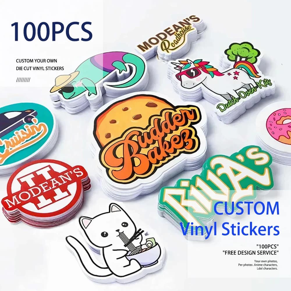100pcs Custom Stickers PVC Waterproof Die Cut Vinyl Logo Design Brand Laptop Cute Personalized Sticker Glossy Film for Business